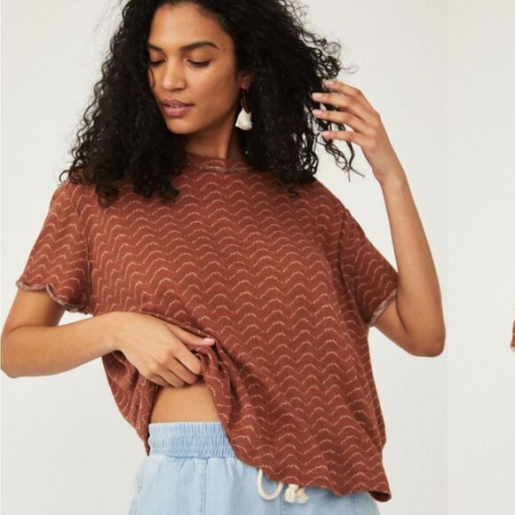 WE THE FREE/ Free People Bali Backpacker Tee in Rust combo linen ‎ sz small New - Picture 1 of 11